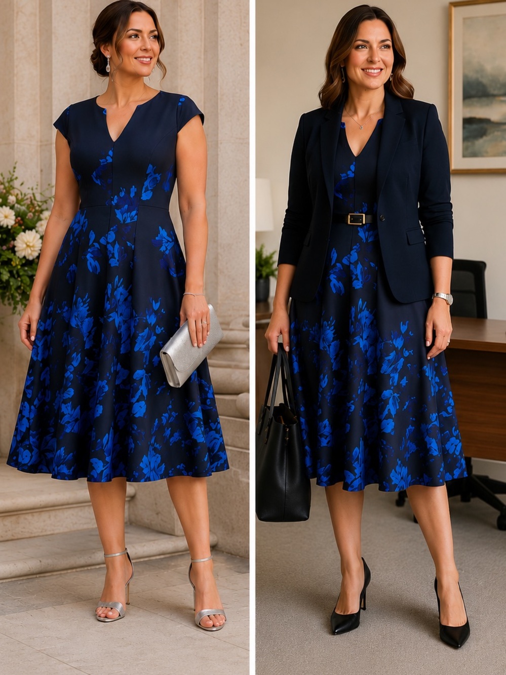 Julia Jordan Black Blue Floral Fit & Flare Midi Dress Size 12 NWT